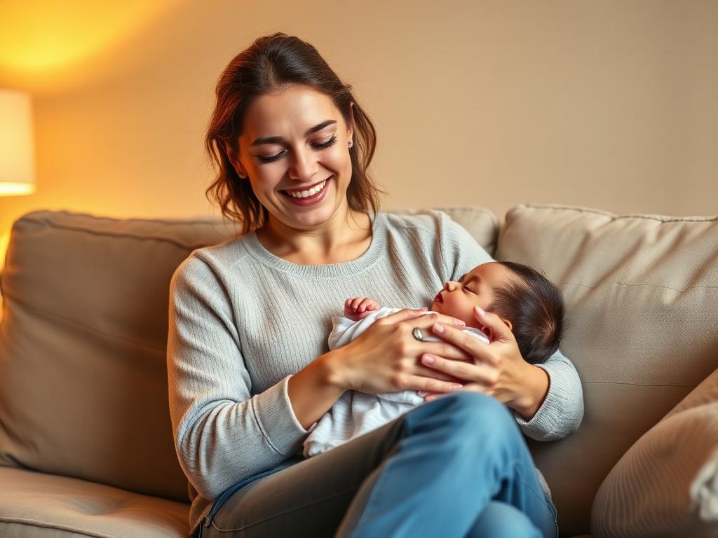 Happy mom holding her peacefully sleeping baby
